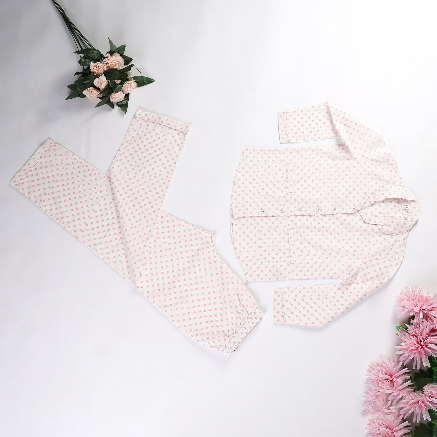 Organic Cotton Night Suit - Pretty Polka Design Hand Block Printed for Girls