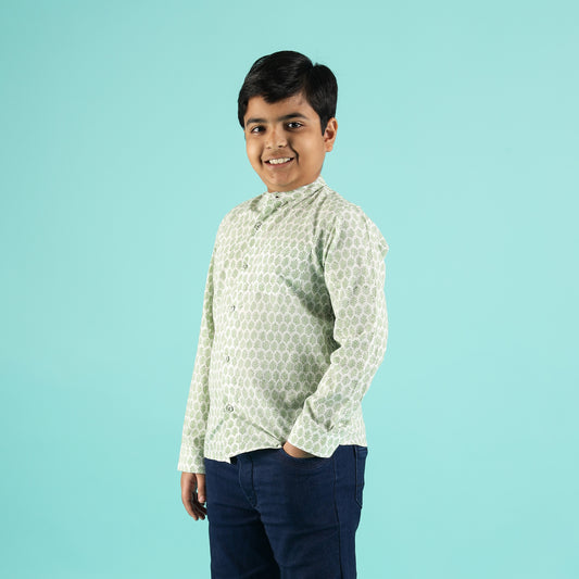 Forest Breeze Design Hand Block Printed Cotton Full Sleeve Shirt for Boys – Sanganeri Kids Wear