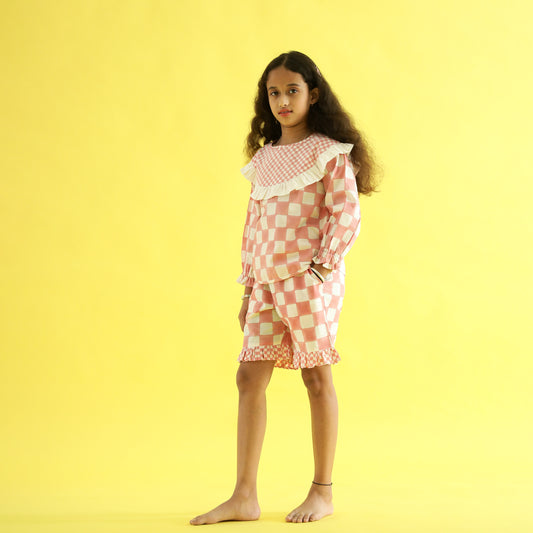 Organic Cotton Night Suit - Candy Checks Handcrafted Design Hand Block Printed for Girls