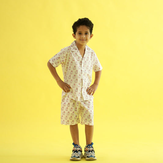 Owl Hoot Design Hand Block Printed Cotton Half Sleeve Co-ord Set for Boys