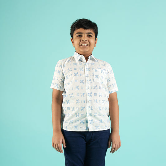 Azure Grids Design Hand Block Printed Cotton Half Sleeve Shirt for Boys – Sanganeri Kids Wear