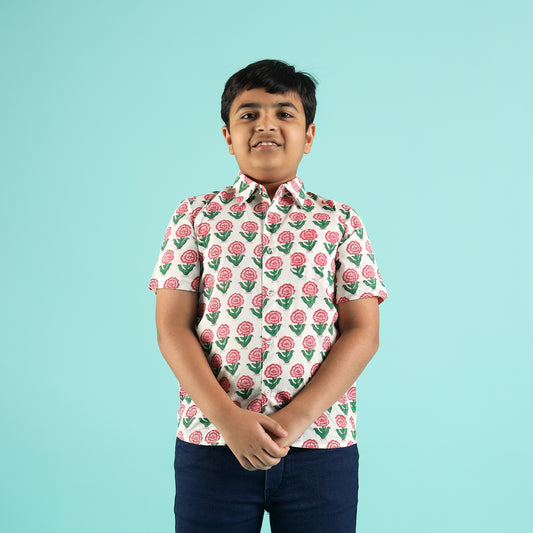 Rosy Garden Design Hand Block Printed Cotton Half Sleeve Shirt for Boys – Sanganeri Kids Wear