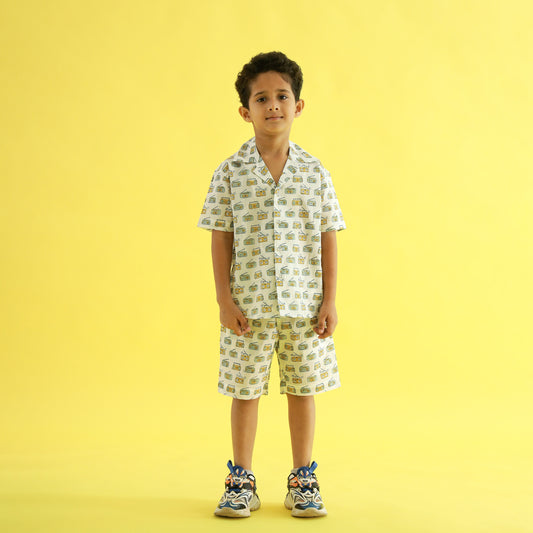 Tune In Retro Design Hand Block Printed Cotton Half Sleeve Co-ord Set for Boys