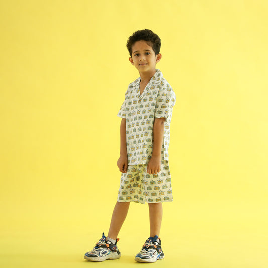 Tune In Retro Design Hand Block Printed Cotton Half Sleeve Co-ord Set for Boys