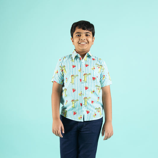 Chill Croc & Melon Design Hand Block Printed Cotton Half Sleeve Shirt for Boys – Sanganeri Kids Wear