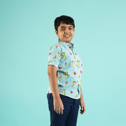 Chill Croc & Melon Design Hand Block Printed Cotton Half Sleeve Shirt for Boys – Sanganeri Kids Wear