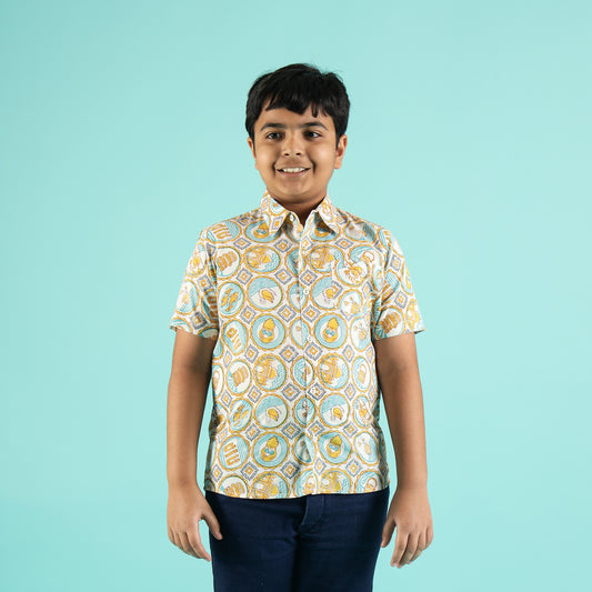 Melody Makers Design Hand Block Printed Cotton Half Sleeve Shirt for Boys – Sanganeri Kids Wear