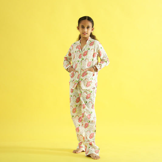 Organic Cotton Night Suit - Owl & Rainbow Print Hand Block Printed for Girls