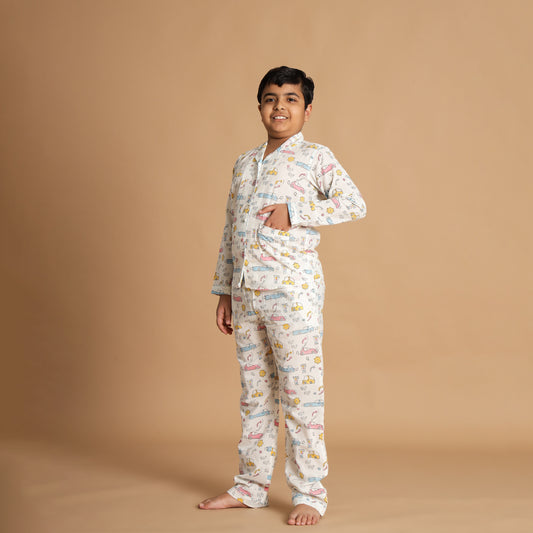 Dreamy Jungle Design Hand Block Printed Cotton Night Suit for Boys