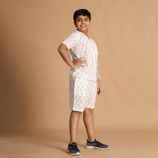 Cute Owl Design Hand Block Printed Cotton Half Sleeve Co-ord Set for Boys