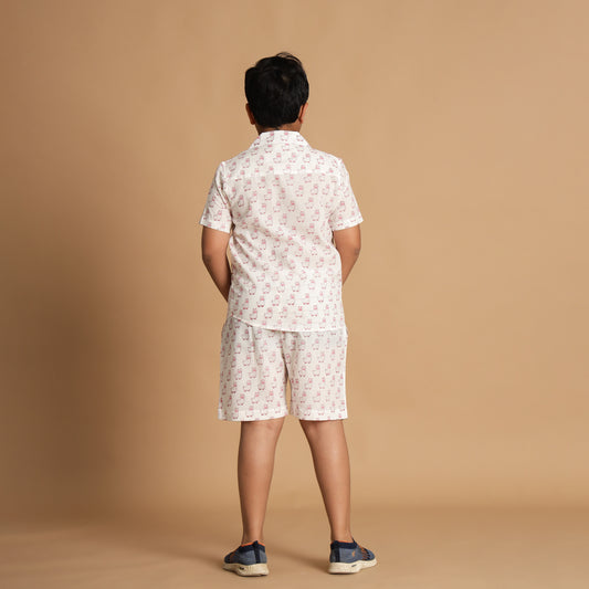 Cute Owl Design Hand Block Printed Cotton Half Sleeve Co-ord Set for Boys
