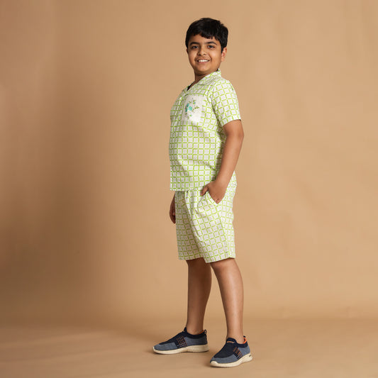 Croc Check Design Hand Block Printed Cotton Half Sleeve Co-ord Set for Boys