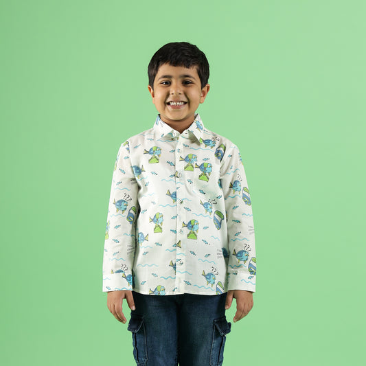 Fishy Friends Design Hand Block Printed Cotton Full Sleeve Shirt for Boys – Sanganeri Kids Wear