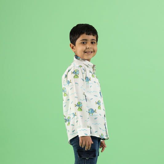 Fishy Friends Design Hand Block Printed Cotton Full Sleeve Shirt for Boys – Sanganeri Kids Wear