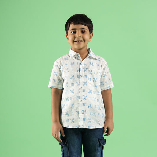 Geometric Pattern Design Hand Block Printed Cotton Half Sleeve Shirt for Boys – Sanganeri Kids Wear