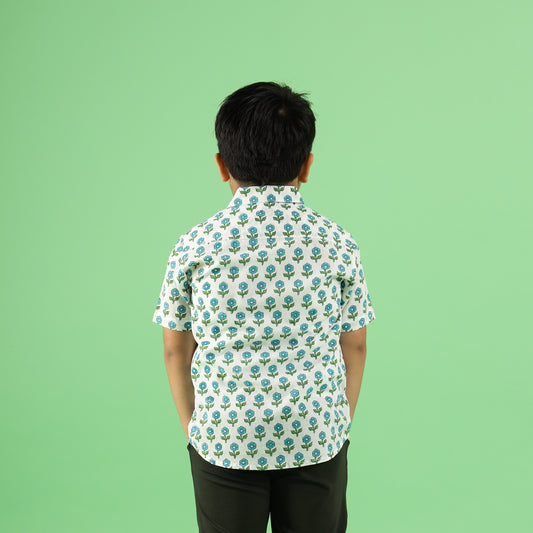 Aqua Flower Organic Design Hand Block Printed Cotton Half Sleeve Shirt for Boys – Sanganeri Kids Wear