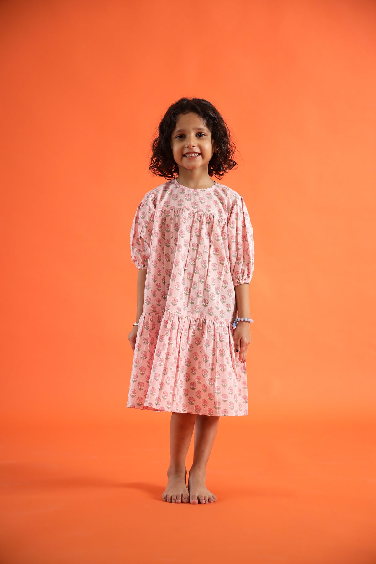 Garden Rose Organic Design Hand Block Printed Cotton Tiered Dress for Girls