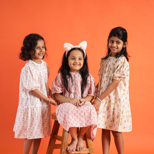 Owl Dreams Design Hand Block Printed Cotton Tiered Dress for Girls