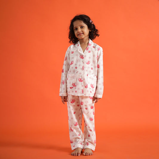 Organic Cotton Night Suit - Butterfly and Flower Design Hand Block Printed for Girls