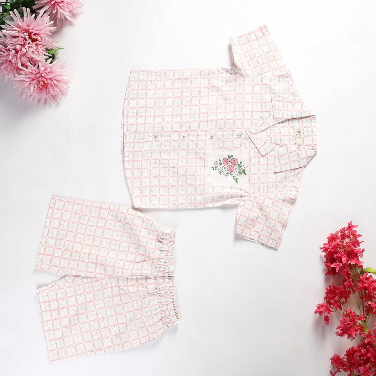Sweet Blooms Checkered Design Hand Block Printed Cotton Half Sleeve Co-ord Set for Boys