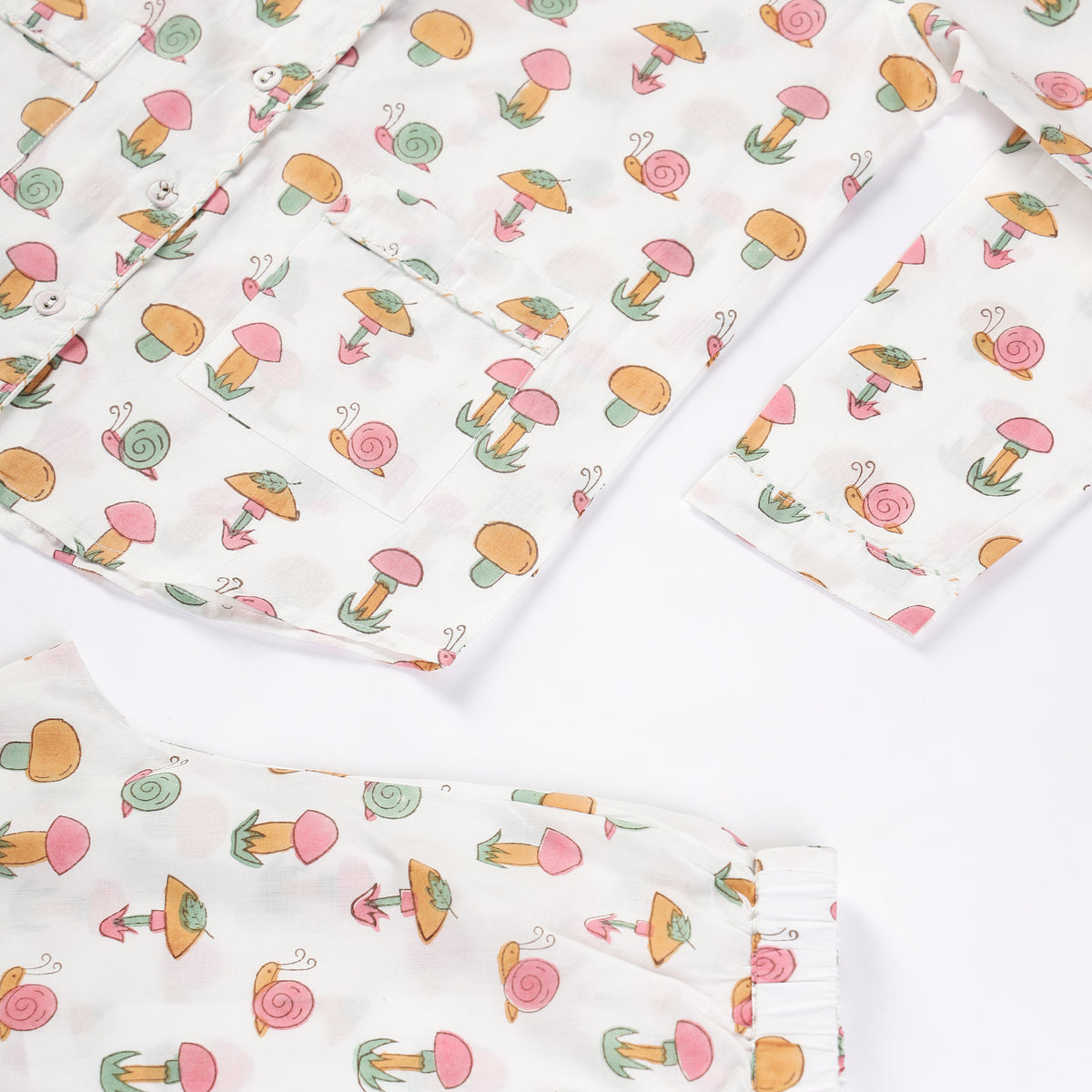 Organic Cotton Night Suit - Snail & Mushroom Design Hand Block Printed for Girls