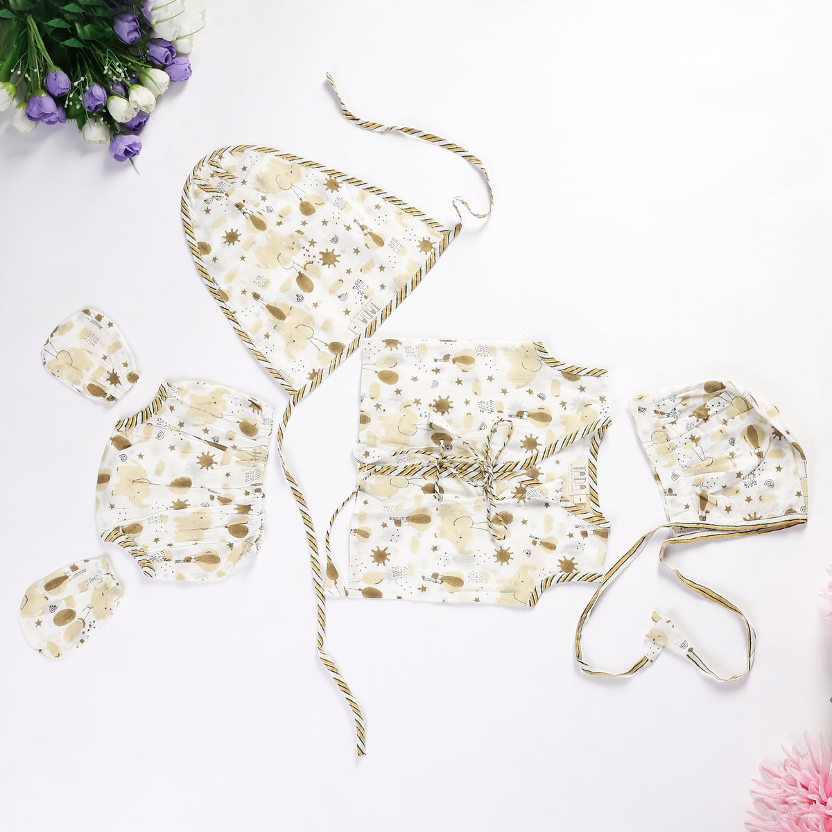 Newborn Jhabla Set - Elephants Hand Block Printed