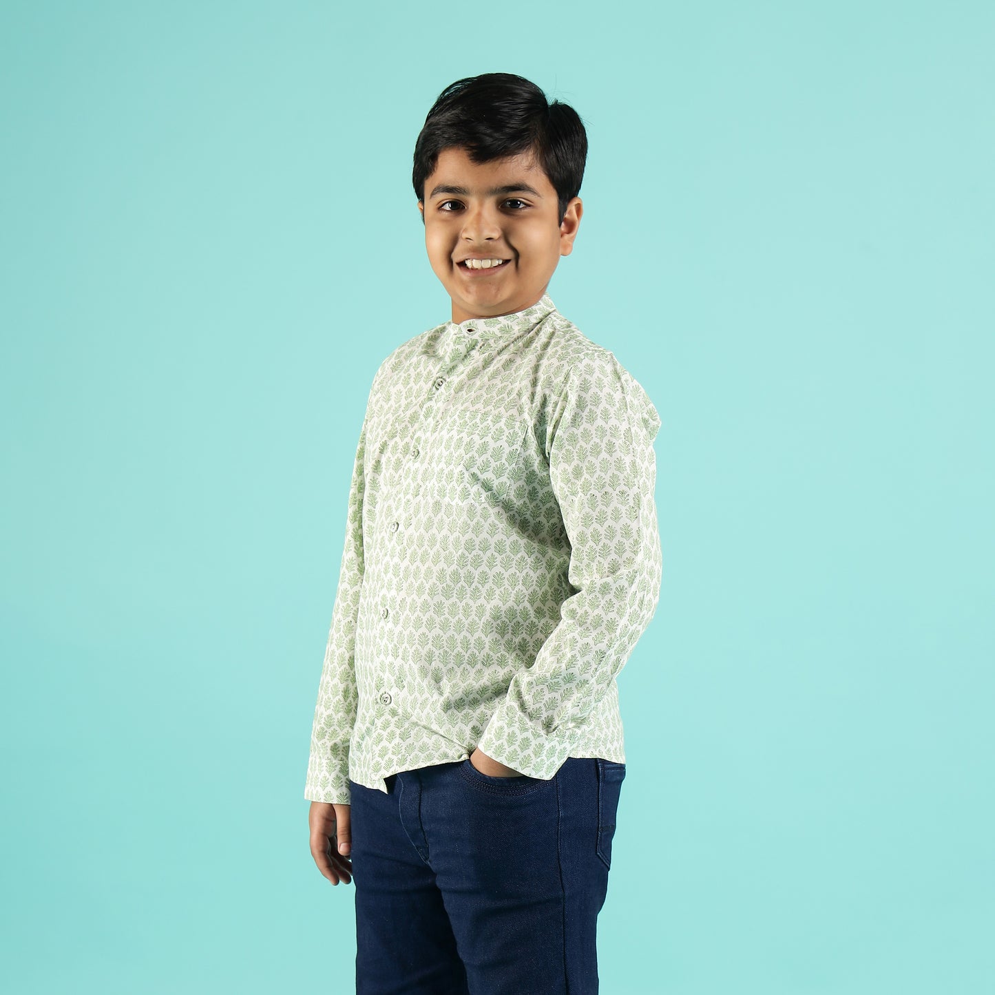 Forest Breeze Design Hand Block Printed Cotton Full Sleeve Shirt for Boys – Sanganeri Kids Wear