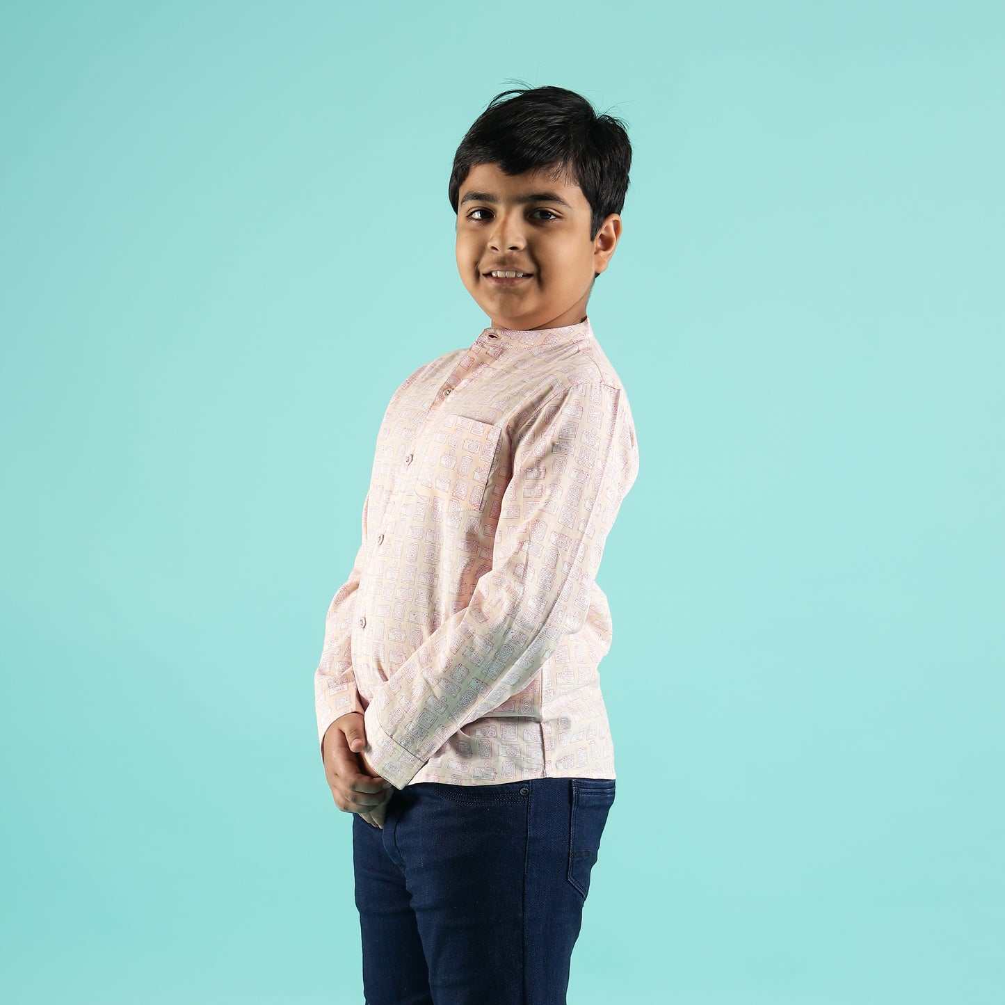 Peach Whisper Design Hand Block Printed Cotton Full Sleeve Shirt for Boys – Sanganeri Kids Wear