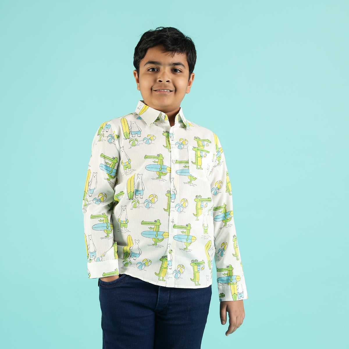 Surf Safari Design Hand Block Printed Cotton Full Sleeve Shirt for Boys – Sanganeri Kids Wear