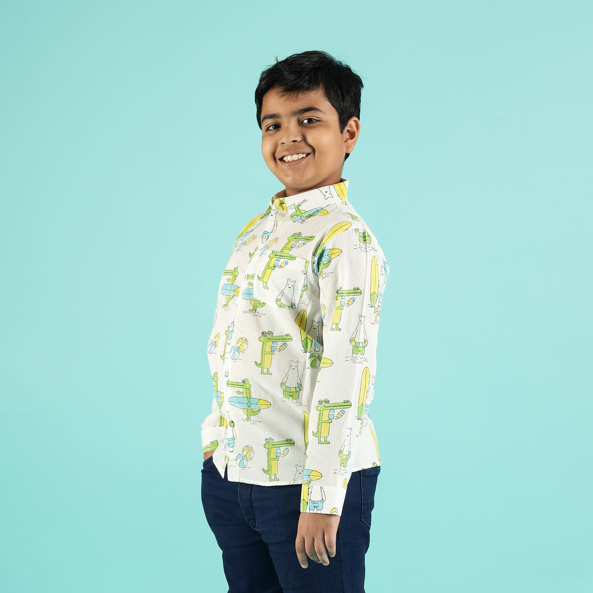 Surf Safari Design Hand Block Printed Cotton Full Sleeve Shirt for Boys – Sanganeri Kids Wear