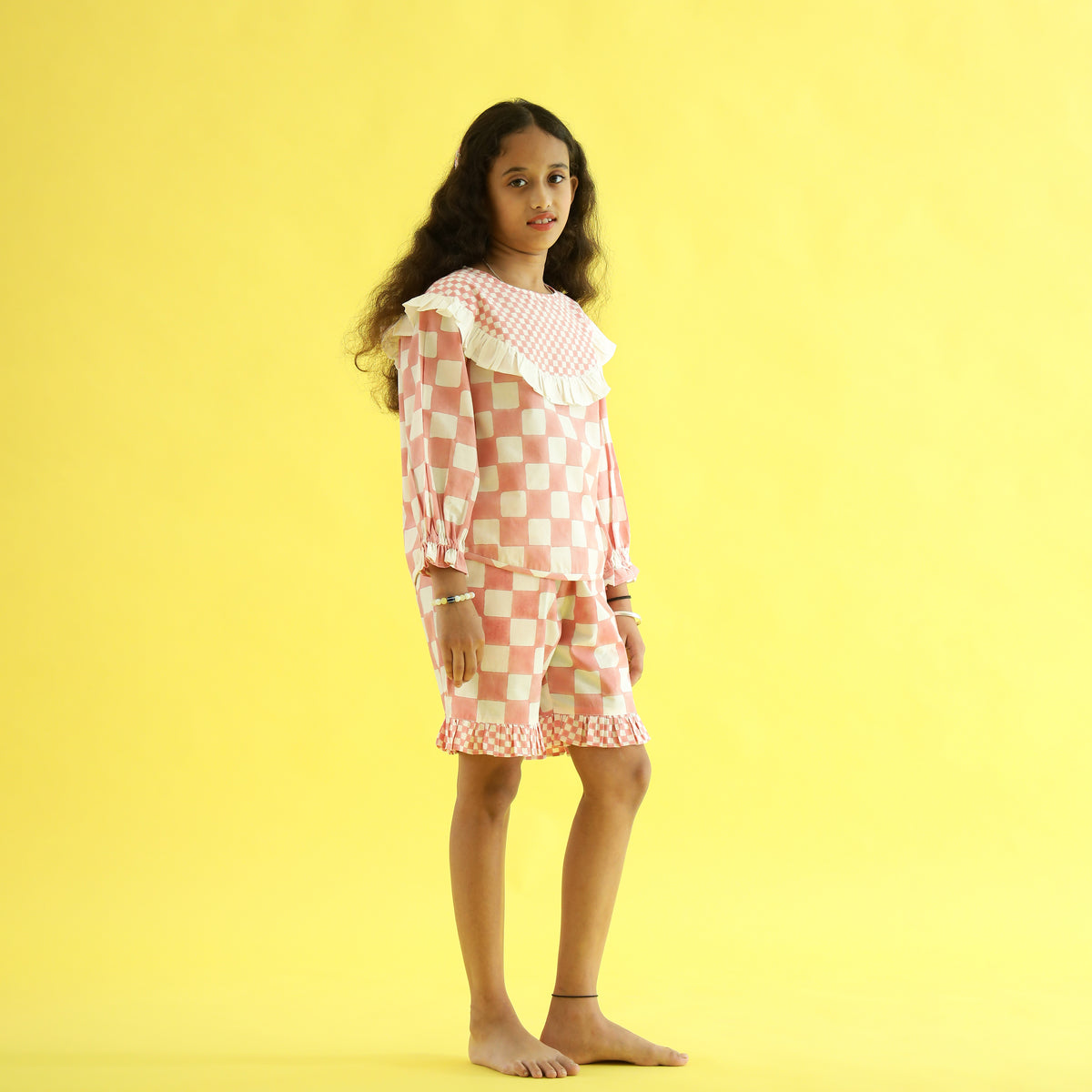 Organic Cotton Night Suit - Candy Checks Handcrafted Design Hand Block Printed for Girls