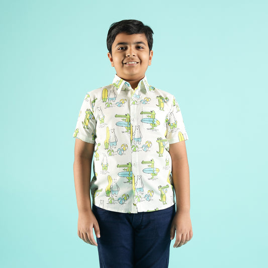 Tropical Adventures Design Hand Block Printed Cotton Half Sleeve Shirt for Boys – Sanganeri Kids Wear