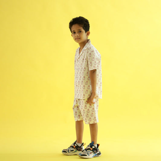 Owl Hoot Design Hand Block Printed Cotton Half Sleeve Co-ord Set for Boys