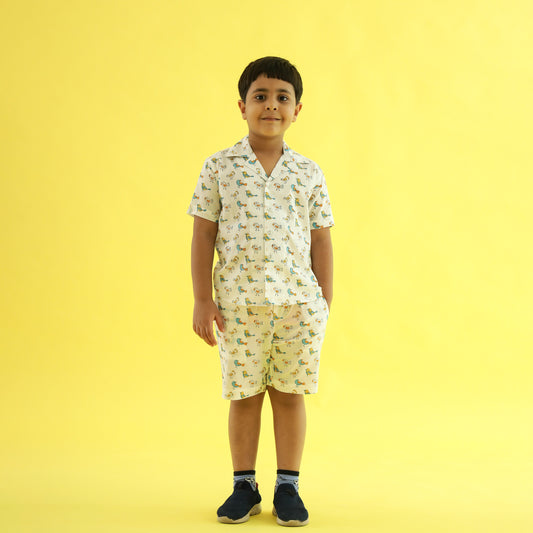 Dino Walk Design Hand Block Printed Cotton Half Sleeve Co-ord Set for Boys