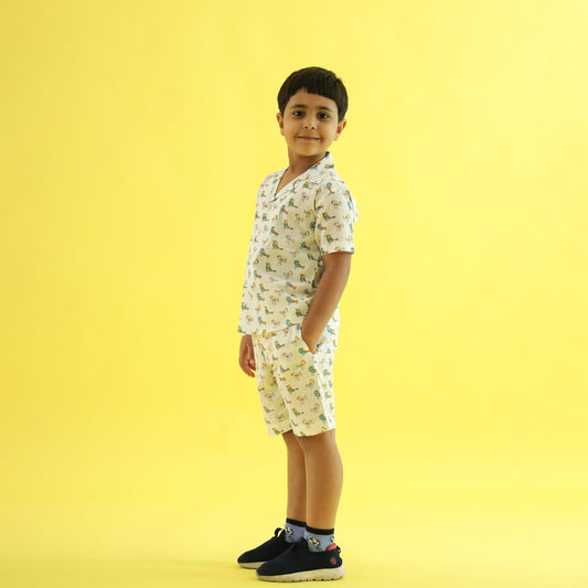 Dino Walk Design Hand Block Printed Cotton Half Sleeve Co-ord Set for Boys