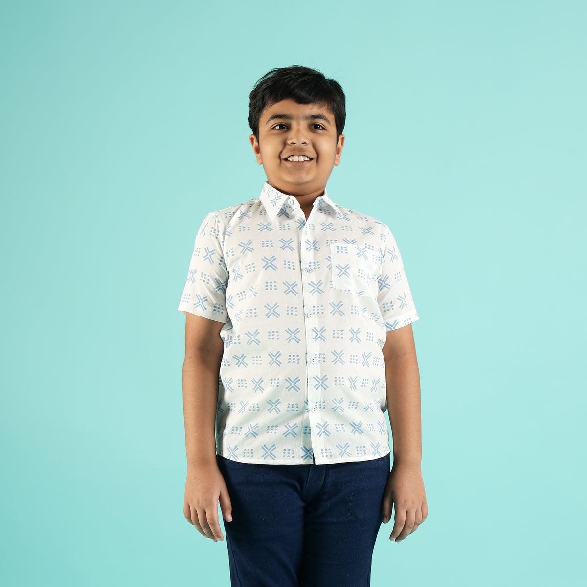 Azure Grids Design Hand Block Printed Cotton Half Sleeve Shirt for Boys – Sanganeri Kids Wear