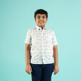 Azure Grids Design Hand Block Printed Cotton Half Sleeve Shirt for Boys – Sanganeri Kids Wear