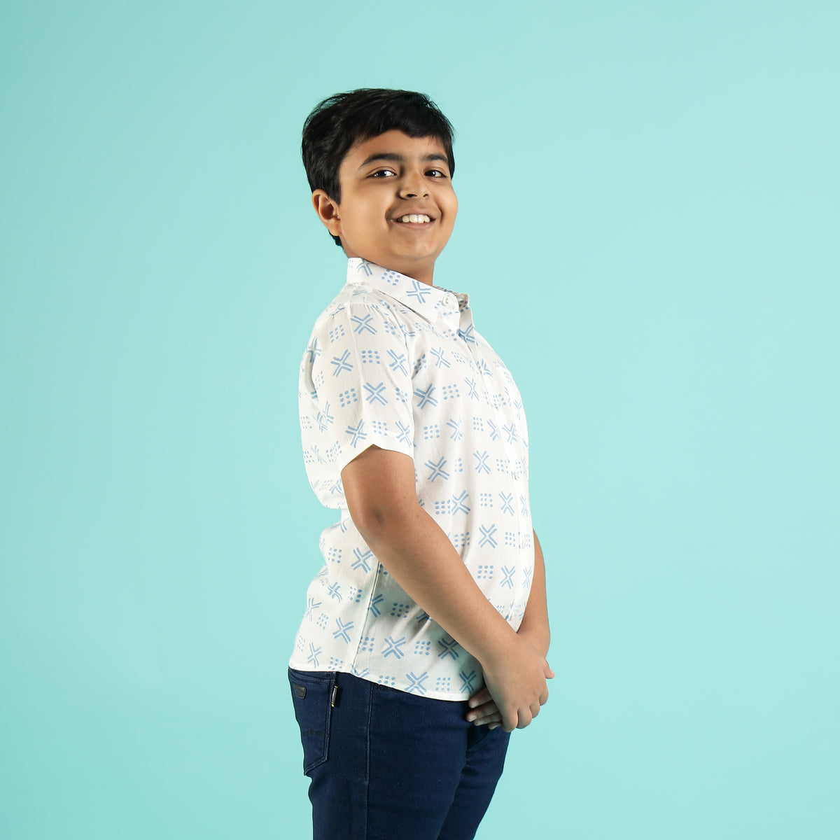 Azure Grids Design Hand Block Printed Cotton Half Sleeve Shirt for Boys – Sanganeri Kids Wear