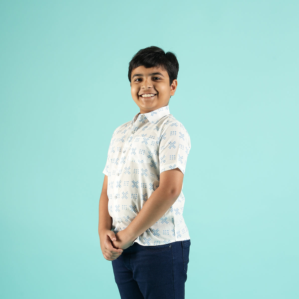 Azure Grids Design Hand Block Printed Cotton Half Sleeve Shirt for Boys – Sanganeri Kids Wear