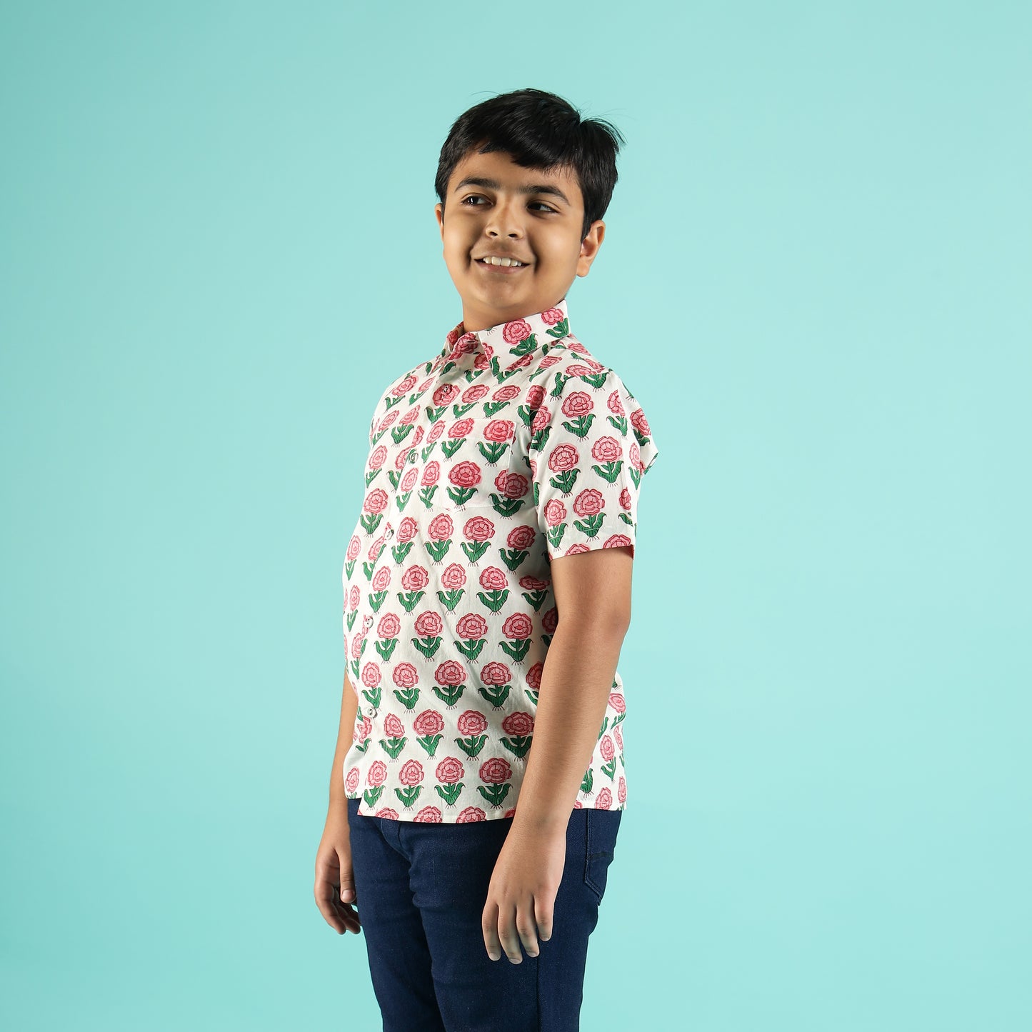 Rosy Garden Design Hand Block Printed Cotton Half Sleeve Shirt for Boys – Sanganeri Kids Wear
