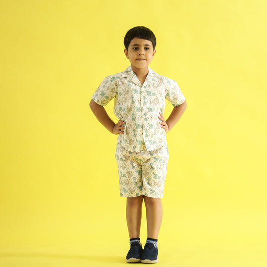 Ocean Adventure Design Hand Block Printed Cotton Half Sleeve Co-ord Set for Boys