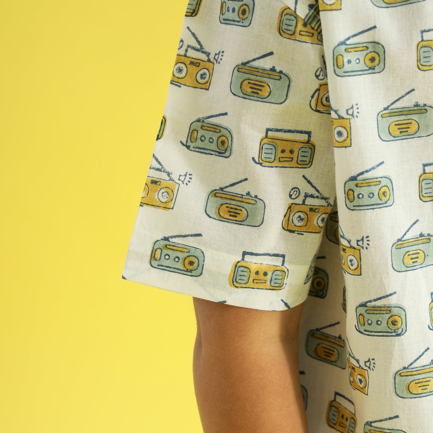 Tune In Retro Design Hand Block Printed Cotton Half Sleeve Co-ord Set for Boys