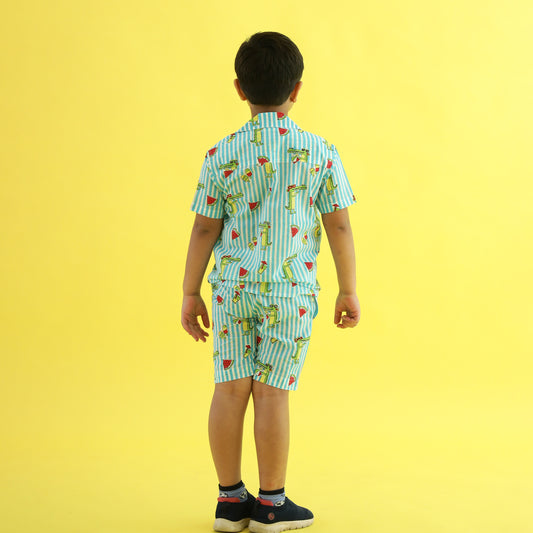 Crocodile Splash Design Hand Block Printed Cotton Half Sleeve Co-ord Set for Boys