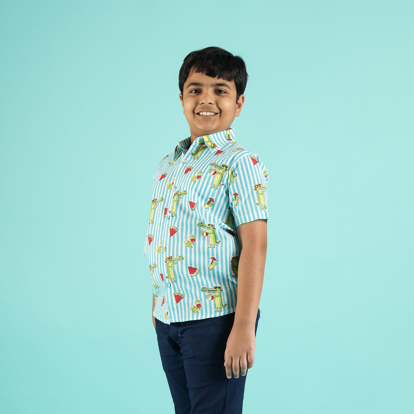 Chill Croc & Melon Design Hand Block Printed Cotton Half Sleeve Shirt for Boys – Sanganeri Kids Wear