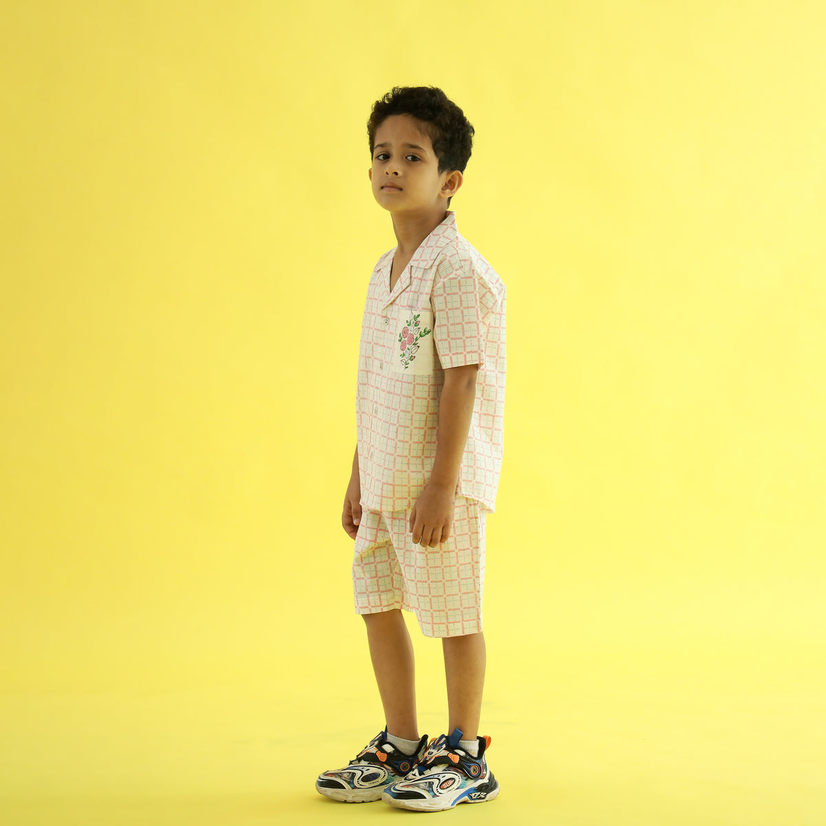 Sweet Blooms Checkered Design Hand Block Printed Cotton Half Sleeve Co-ord Set for Boys