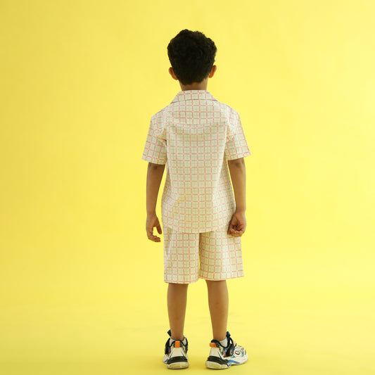 Sweet Blooms Checkered Design Hand Block Printed Cotton Half Sleeve Co-ord Set for Boys