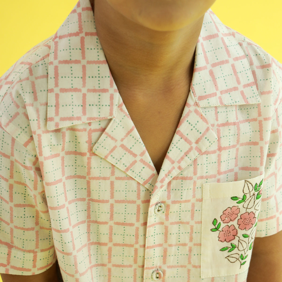 Sweet Blooms Checkered Design Hand Block Printed Cotton Half Sleeve Co-ord Set for Boys