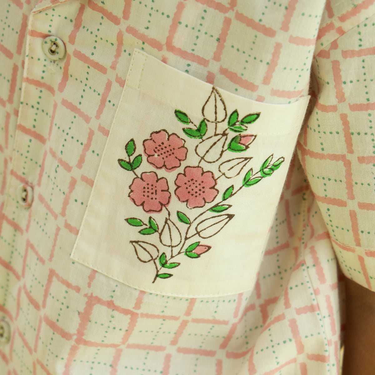 Sweet Blooms Checkered Design Hand Block Printed Cotton Half Sleeve Co-ord Set for Boys