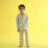 Parade of Elephants Design Hand Block Printed Cotton Night Suit for Boys