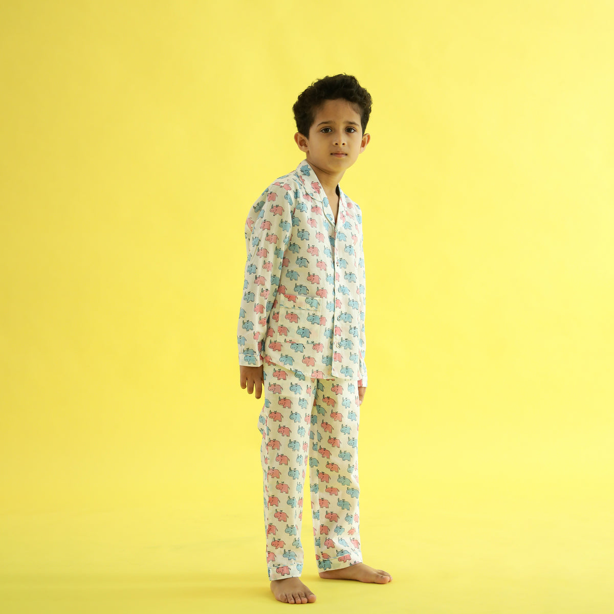 Parade of Elephants Design Hand Block Printed Cotton Night Suit for Boys